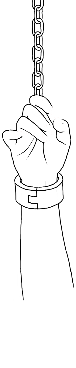 Drawing of a left hand in a chained manacle with fingernail polish that changes color as the page is scrolled.