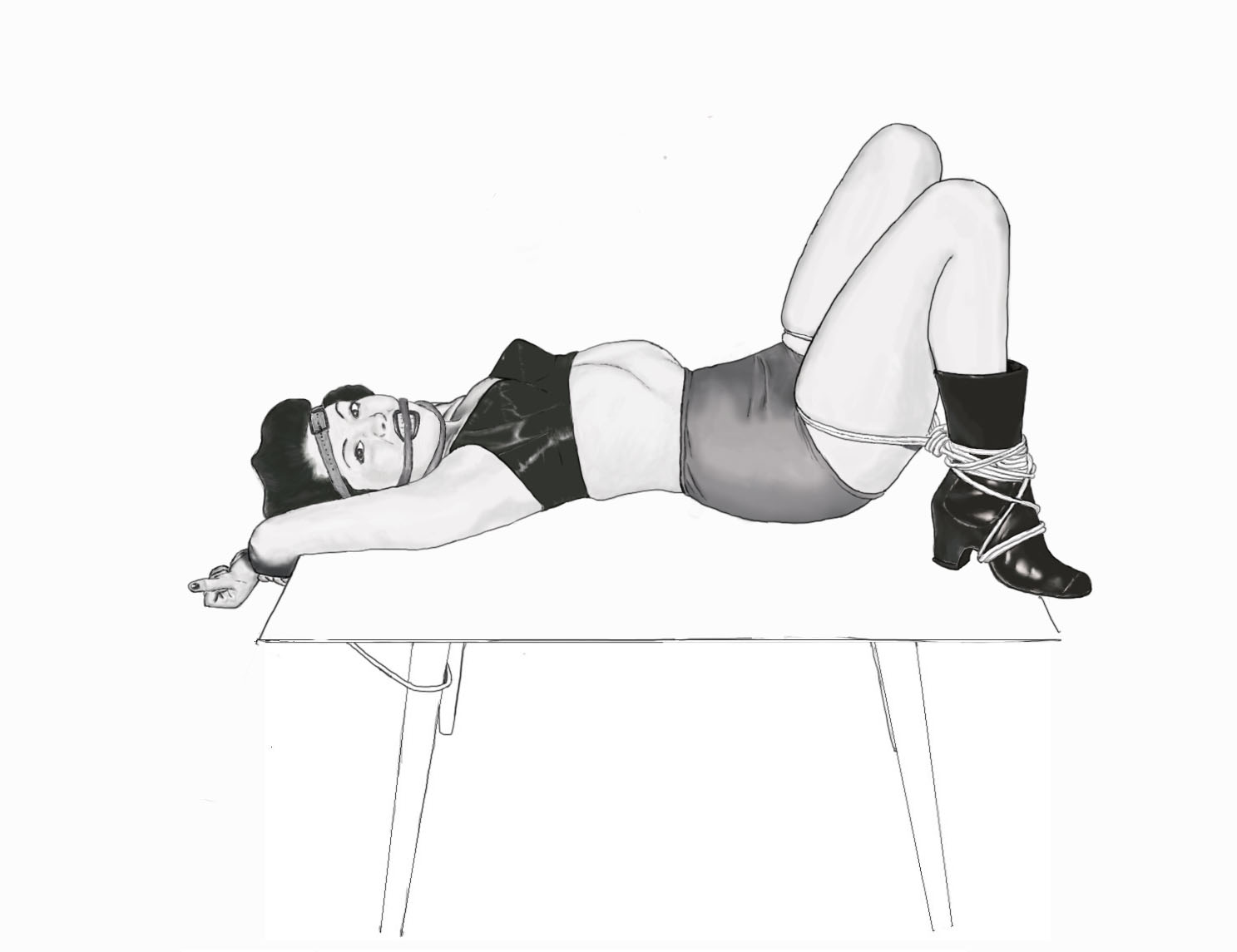 A detailed sketch of an Irving Klaw bondage photograph. A woman in gray panties is bound to a table.