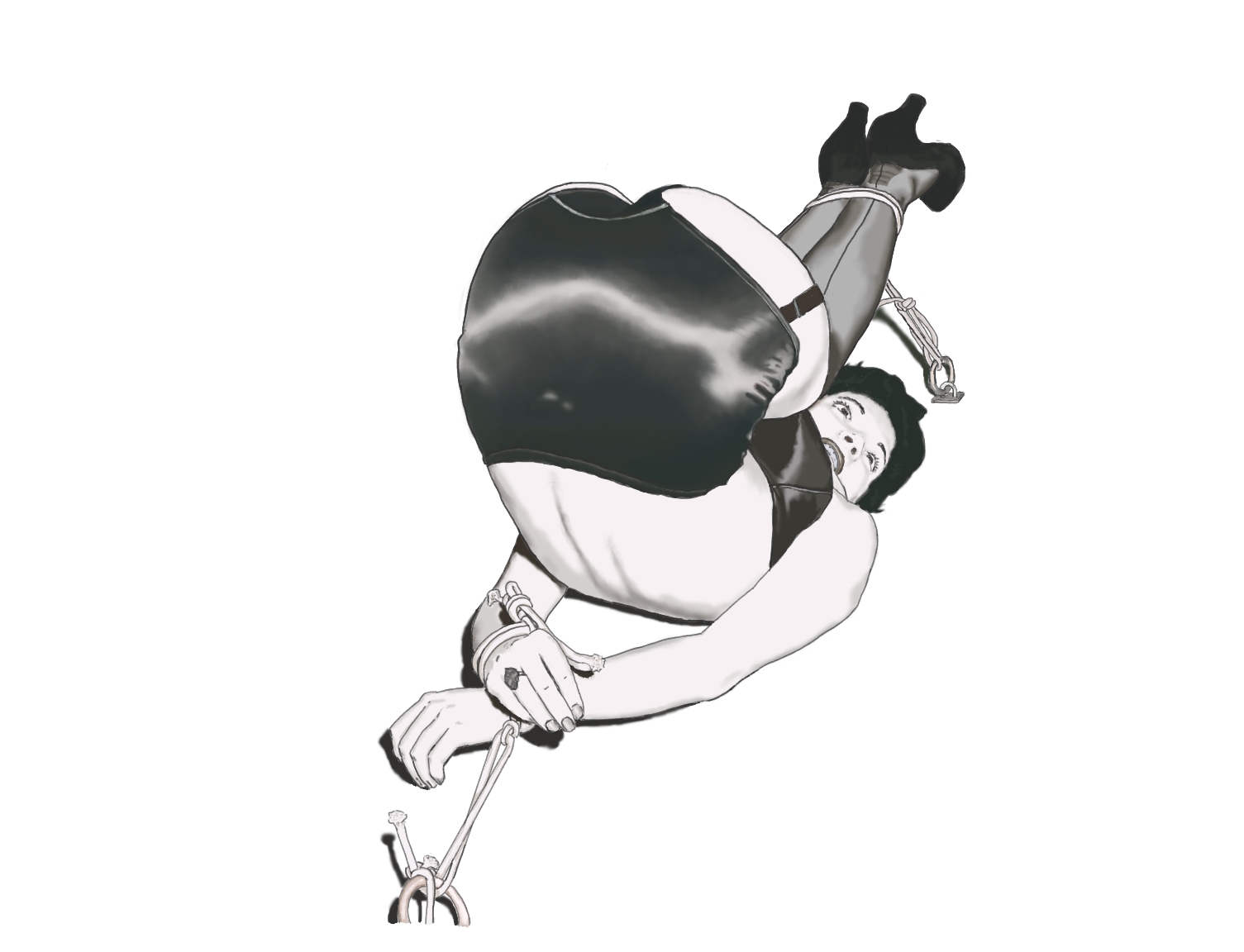 A detailed sketch of an Irving Klaw bondage photograph. A woman in black panties is bound in a compromising position with her butt in the air.