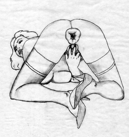 A drawing of a woman with unnaturally inflated genitals playing with herself. 