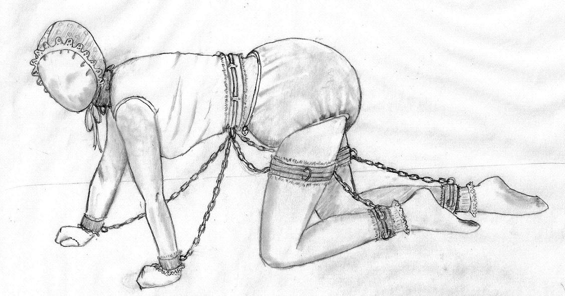 Drawing of a woman as a baby slave on her hands and knees, in chains. She's wearing a diaper, mittens, and another diaper over her face to serve as a hood.