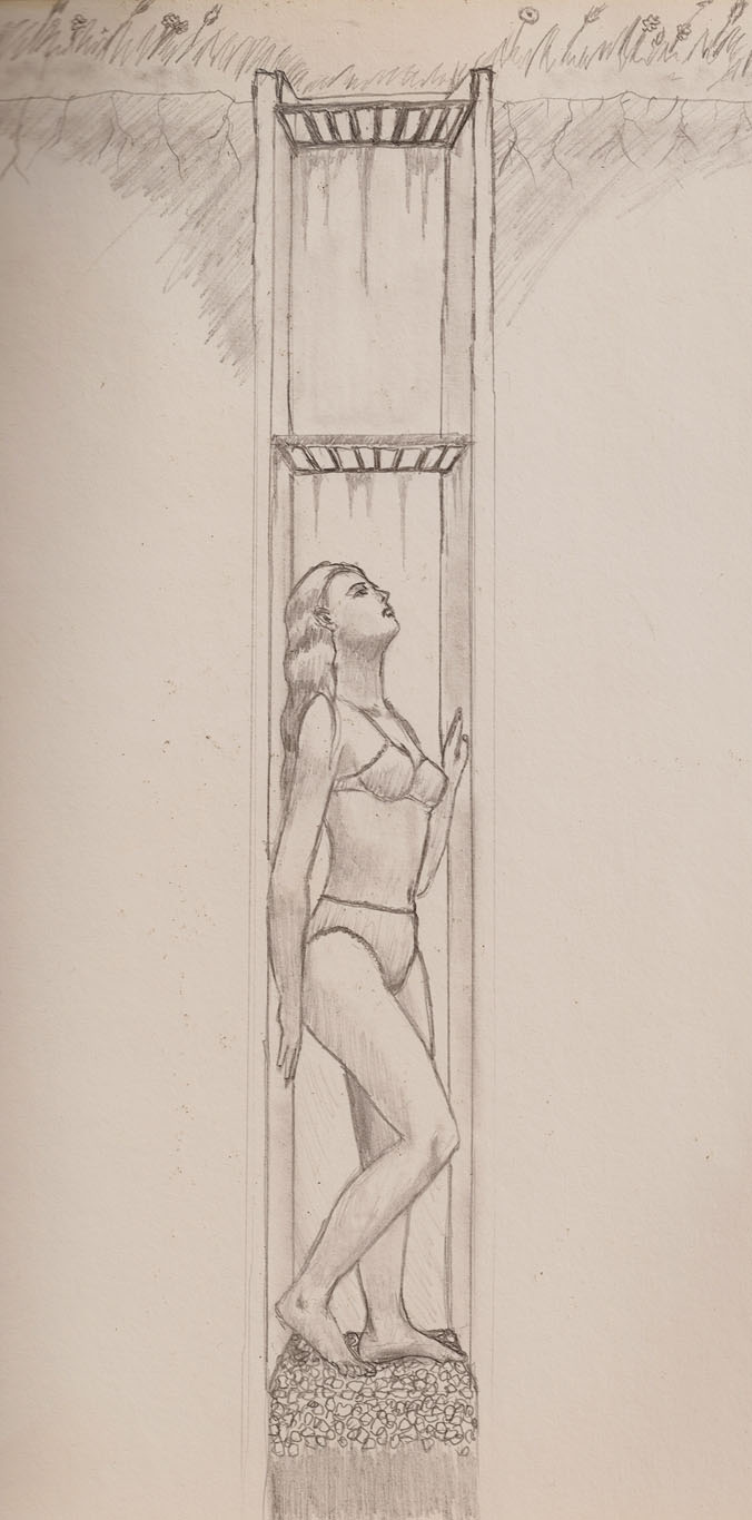A sketch of a woman deep in a concrete line hole in the ground, only wide enough for her to stand in. She's looking up at the sky. The hole has bars on the top.