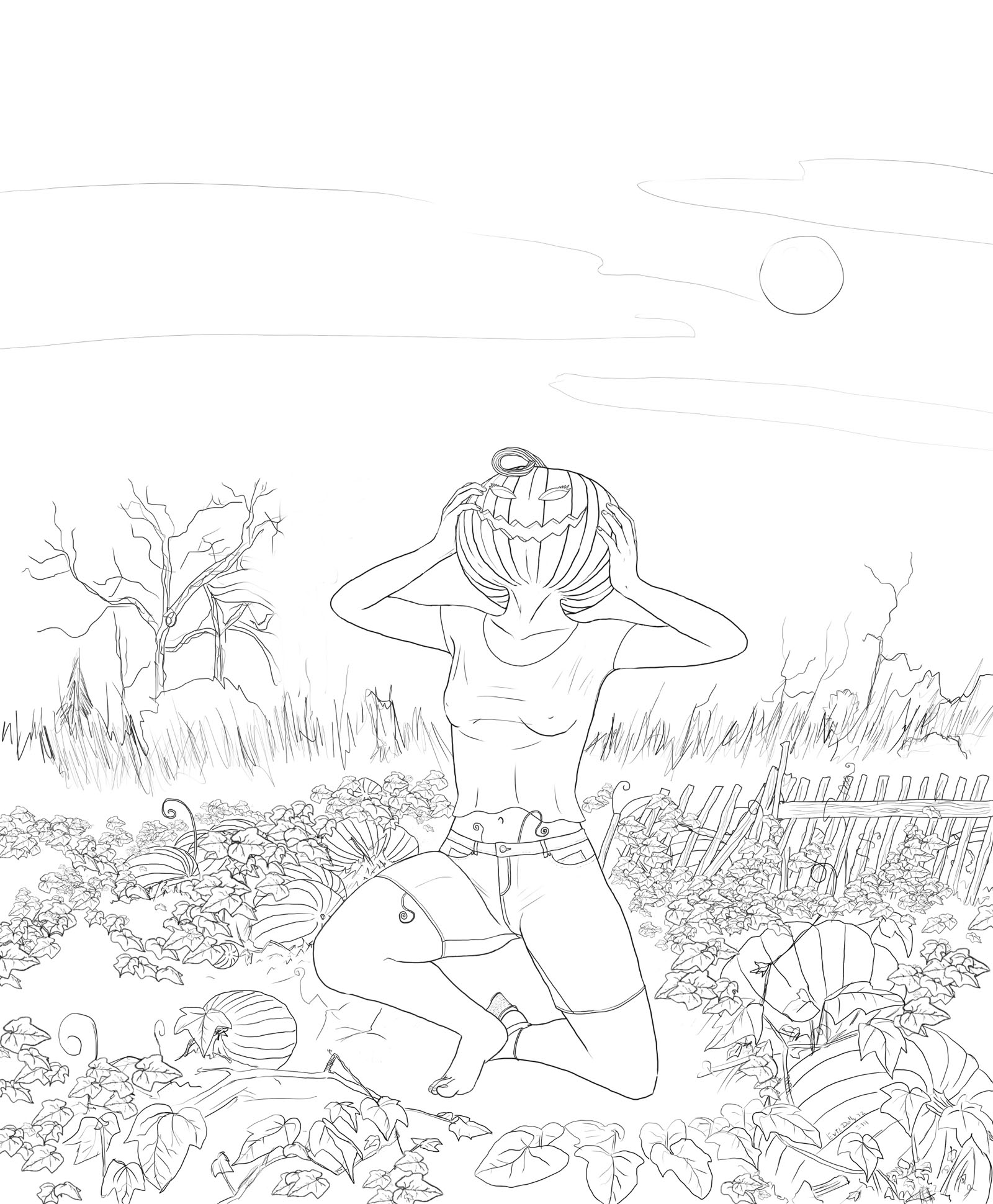 Transformation. Drawing of a woman staggering through an abandoned pumpkin patch. She's wearing a revealing top and jean shorts. She's clutching her head which has turned into a smiling, feminine jack-o-lantern. Tendrils of pumpkin vines are emerging from beneath her shorts.