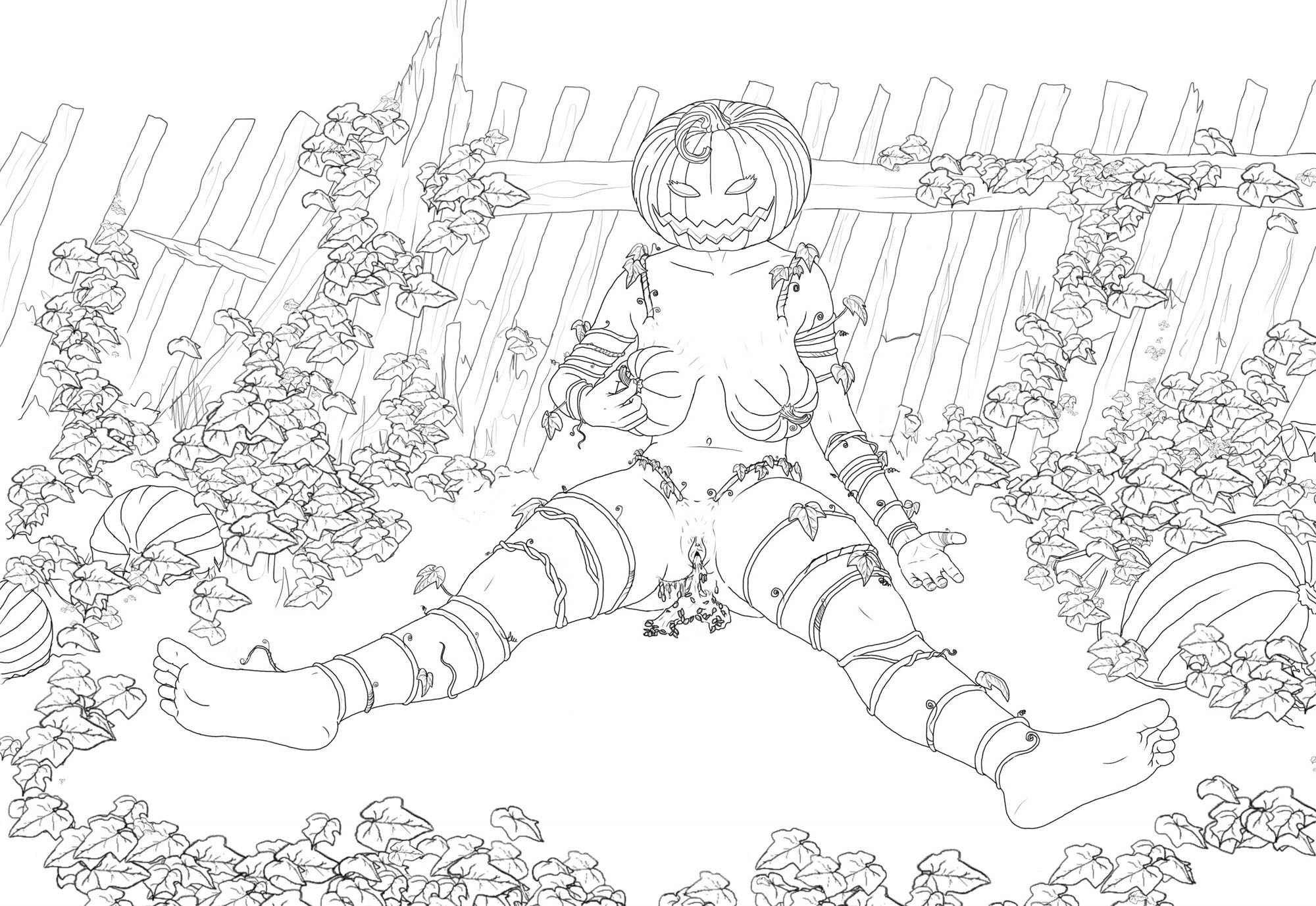 Drawing, finished transformation. Naked woman with a smiling, feminine jack-o-lantern head propped against a broken wooden fence. Pumpkin vines growing from her skin wrap her arms and legs like puppet strings. Her breasts have become half-pumpkin with stem nipples. Pumpkin seed filled pumpkin innards spill from her vagina and onto the ground.